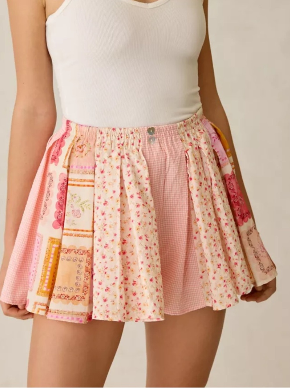Jacquie The Label Esmeralda Patchwork Mixed Media Pleated Shorts